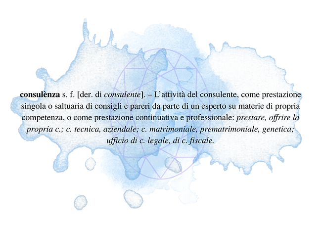 Significato di "Consulenza" preso dal dizionario Treccani, su sfondo acquerellato.