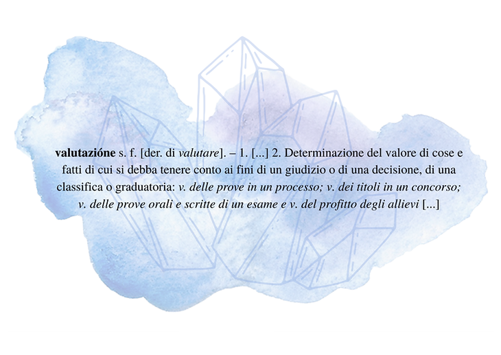 Significato di "Valutazione" preso dal dizionario Treccani, su sfondo acquerellato.